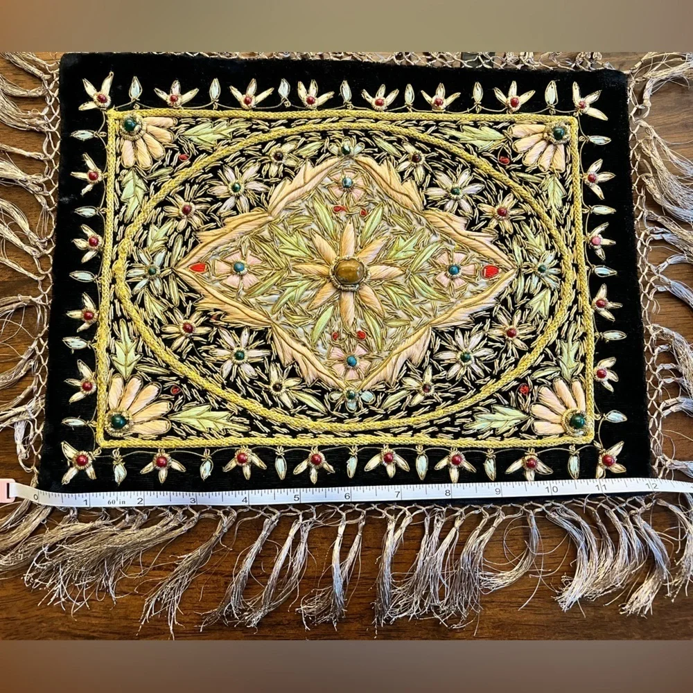 Handmade Zardozi Embroidered Wall Hanging Velvet Gold Tapestry 12x9 Indian Boho
